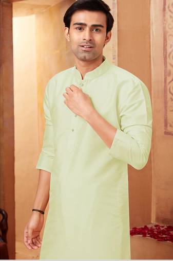Straight art silk light green solid collar neck with embroidery kurta payjama