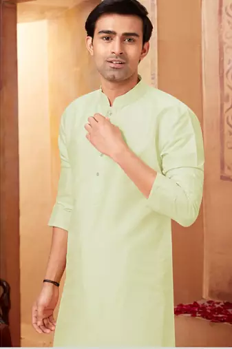 Straight art silk light green solid collar neck with embroidery kurta payjama
