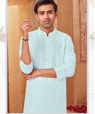 Straight Art silk ligtht blue solid collar neck with embroidery kurta payjama 1