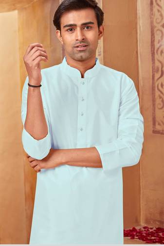 Straight art silk ligtht blue solid collar neck with embroidery kurta payjama