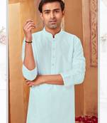 Straight art silk ligtht blue solid collar neck with embroidery kurta payjama