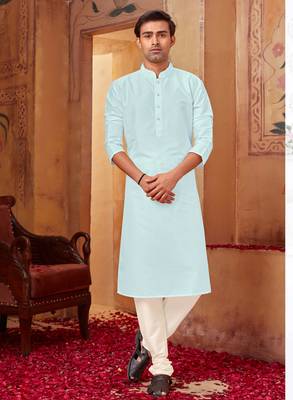 Straight Art silk ligtht blue solid collar neck with embroidery kurta payjama 2