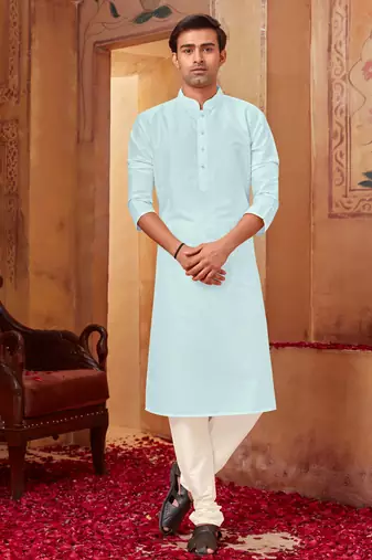 Straight art silk ligtht blue solid collar neck with embroidery kurta payjama