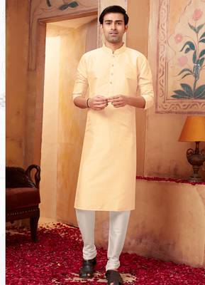 Straight Art silk light beige solid collar neck kurta set 1