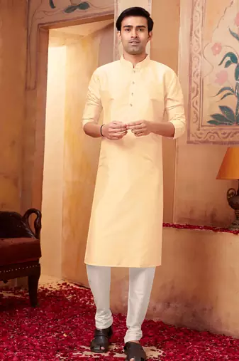 Straight art silk light beige solid collar neck kurta set