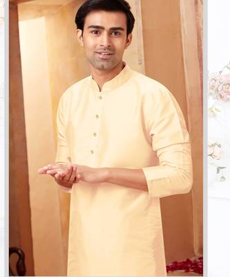Straight Art silk light beige solid collar neck kurta set 2