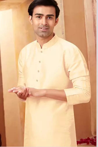Straight art silk light beige solid collar neck kurta set