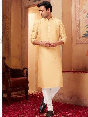 Straight Art silk light beige solid collar neck with embroidery kurta payjama 1
