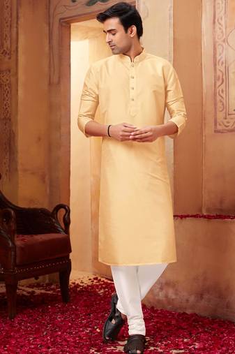 Straight art silk light beige solid collar neck with embroidery kurta payjama