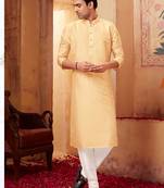 Straight art silk light beige solid collar neck with embroidery kurta payjama