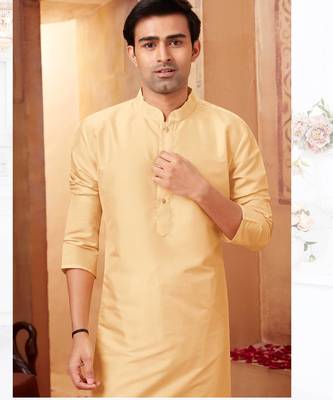 Straight Art silk light beige solid collar neck with embroidery kurta payjama 2