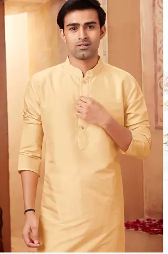 Straight art silk light beige solid collar neck with embroidery kurta payjama