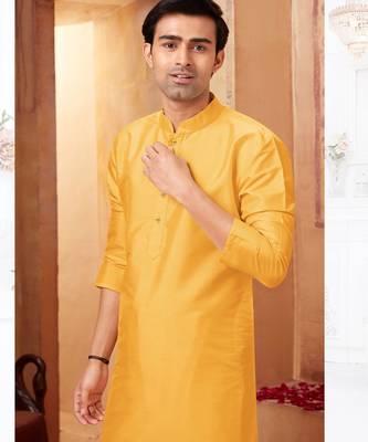 Straight Art silk yellow solid collar neck with embroidery kurta payjama 1