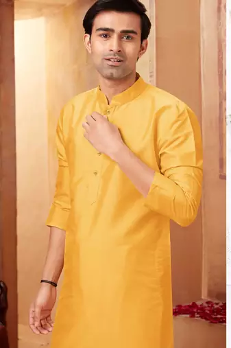 Straight art silk yellow solid collar neck with embroidery kurta payjama