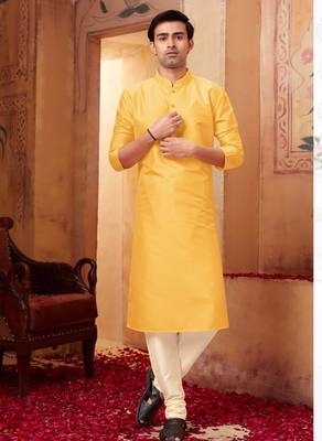 Straight Art silk yellow solid collar neck with embroidery kurta payjama 2