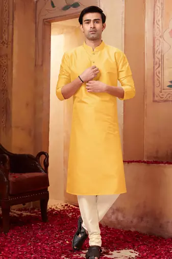 Straight art silk yellow solid collar neck with embroidery kurta payjama