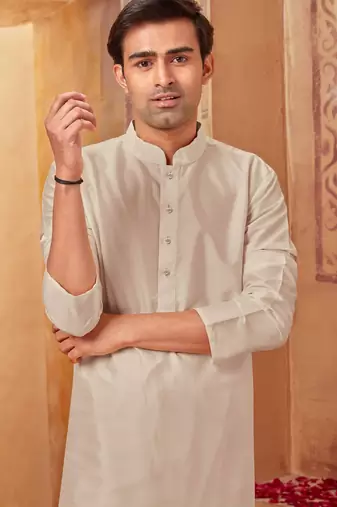 Straight art silk light grey solid collar neck with embroidery kurta payjama