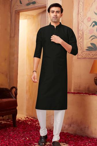 Straight art silk black solid collar neck with embroidery kurta payjama