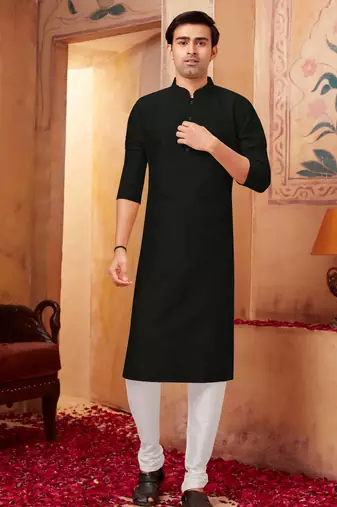 Straight art silk black solid collar neck with embroidery kurta payjama