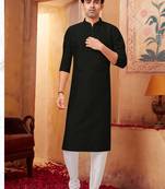 Straight art silk black solid collar neck with embroidery kurta payjama