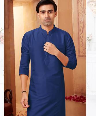 Straight Art silk navy blue solid collar neck with embroidery kurta payjama 1