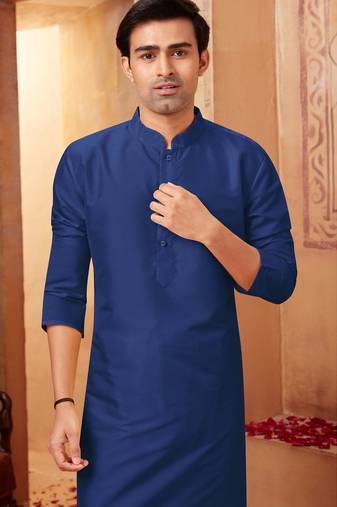 Straight art silk navy blue solid collar neck with embroidery kurta payjama