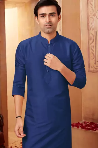 Straight art silk navy blue solid collar neck with embroidery kurta payjama