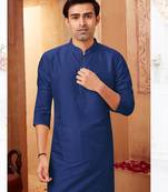 Straight art silk navy blue solid collar neck with embroidery kurta payjama
