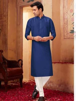 Straight Art silk navy blue solid collar neck with embroidery kurta payjama 2