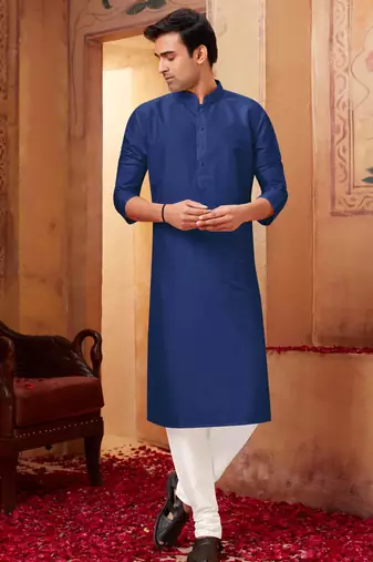Straight art silk navy blue solid collar neck with embroidery kurta payjama