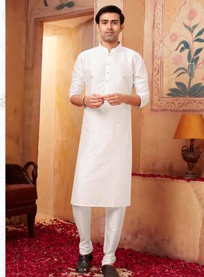 Straight Art silk white solid collar neck with embroidery kurta payjama 1