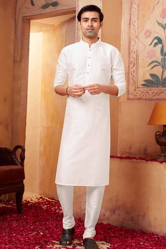 Straight art silk white solid collar neck with embroidery kurta payjama