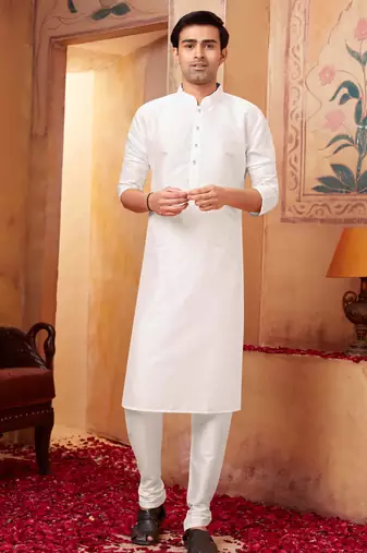 Straight art silk white solid collar neck with embroidery kurta payjama