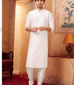 Straight art silk white solid collar neck with embroidery kurta payjama