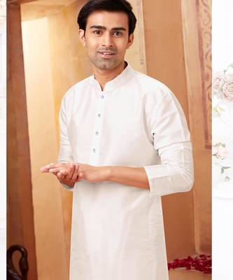 Straight Art silk white solid collar neck with embroidery kurta payjama 2