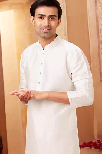 Straight art silk white solid collar neck with embroidery kurta payjama