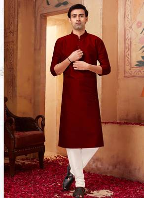 Straight Art silk maroon solid collar neck with embroidery kurta payjama 1