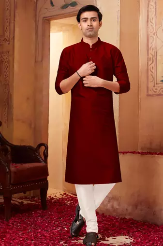 Straight art silk maroon  solid collar neck with embroidery kurta payjama