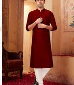 Straight art silk maroon  solid collar neck with embroidery kurta payjama