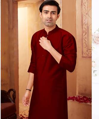 Straight Art silk maroon solid collar neck with embroidery kurta payjama 2