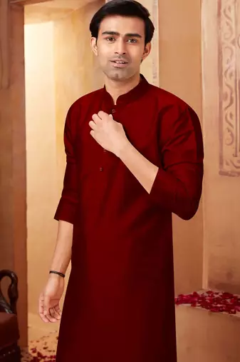Straight art silk maroon  solid collar neck with embroidery kurta payjama