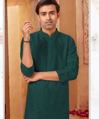 Straight Art silk bottle green solid collar neck with embroidery kurta payjama 1