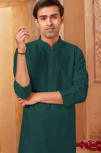 Straight art silk bottle green solid collar neck with embroidery kurta payjama