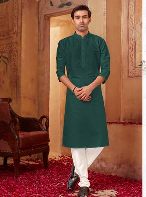 Straight Art silk bottle green solid collar neck with embroidery kurta payjama 2