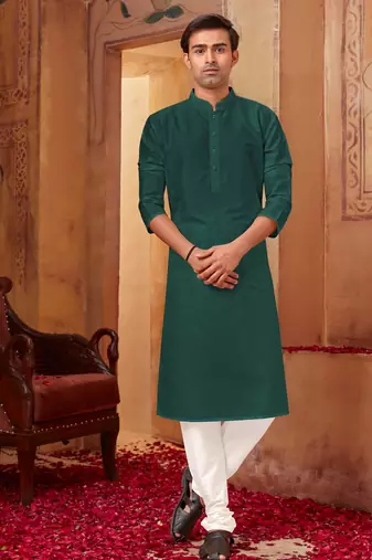 Straight art silk bottle green solid collar neck with embroidery kurta payjama