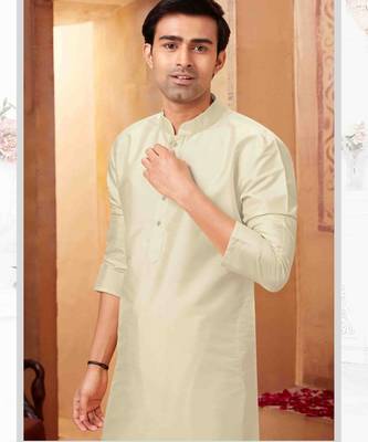 Straight Art silk off white solid collar neck with embroidery kurta payjama 1