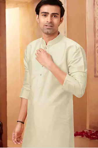 Straight art silk off white solid collar neck with embroidery kurta payjama
