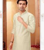 Straight art silk off white solid collar neck with embroidery kurta payjama