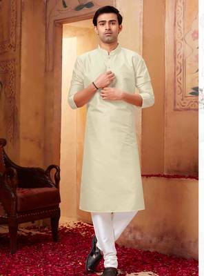 Straight Art silk off white solid collar neck with embroidery kurta payjama 2