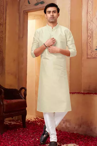 Straight art silk off white solid collar neck with embroidery kurta payjama